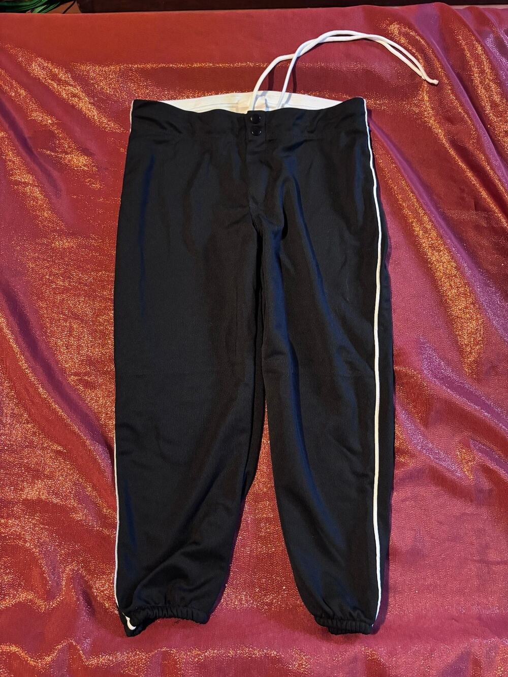 Teamwork Baseball Pants Mens L Black White Piping Drawstring Elastic Cuff Logo